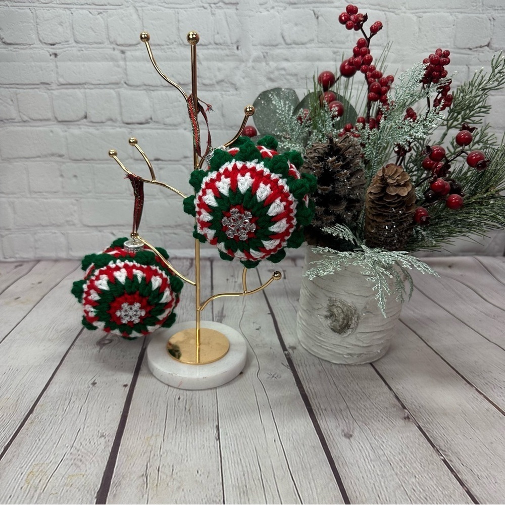 new handmade crochet Festive Holiday Ornament Set - Red, Green, White retro